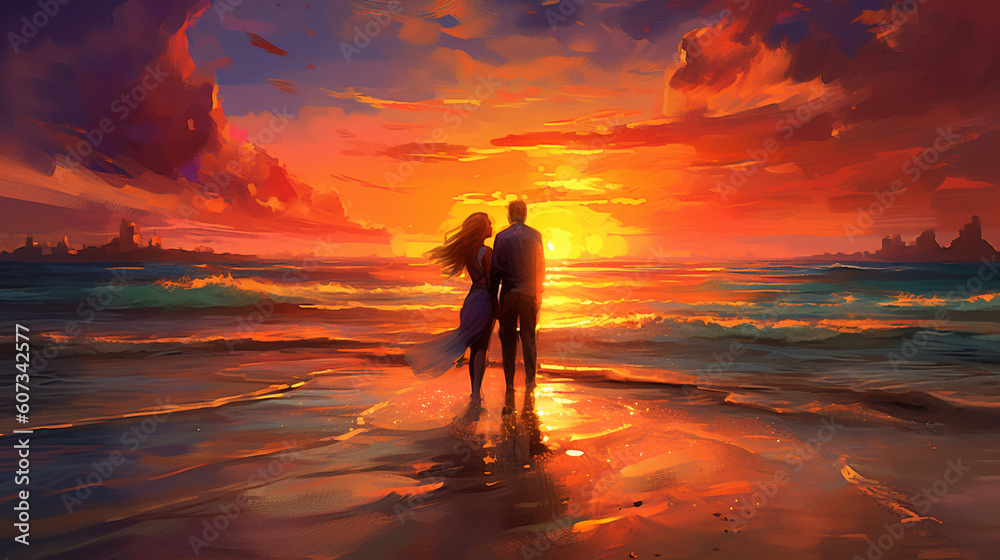 A couple sharing a warm embrace amidst a colorful sunset at the beach Generative AI