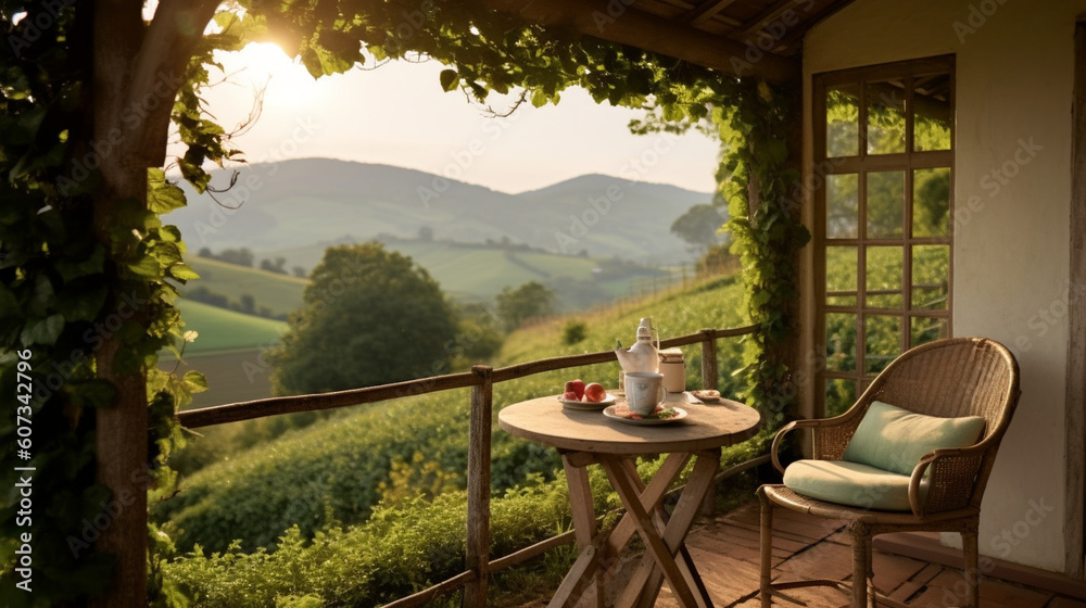 A charming countryside cottage with a couple sipping tea on the porch, overlooking rolling green hills Generative AI