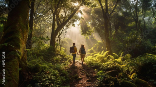 A couple enjoying a scenic hike through a lush forest, with sunlight streaming through the trees Generative AI