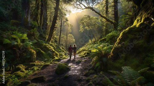 Fotografie, Obraz A couple enjoying a scenic hike through a lush forest, with sunlight streaming t