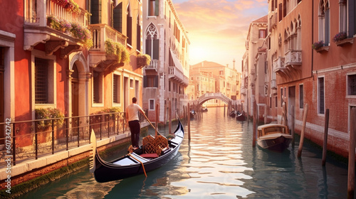 A romantic gondola ride through the picturesque canals of Venice, with colorful buildings as a backdrop Generative AI © Наталья Евтехова