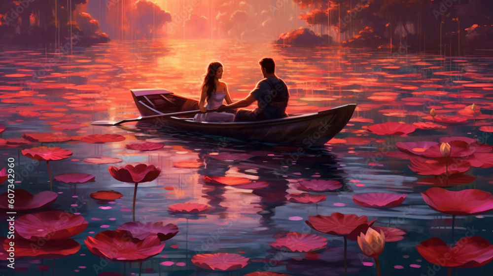 A couple sharing a tender moment while rowing a boat on a calm lake, surrounded by blooming lotus flowers Generative AI
