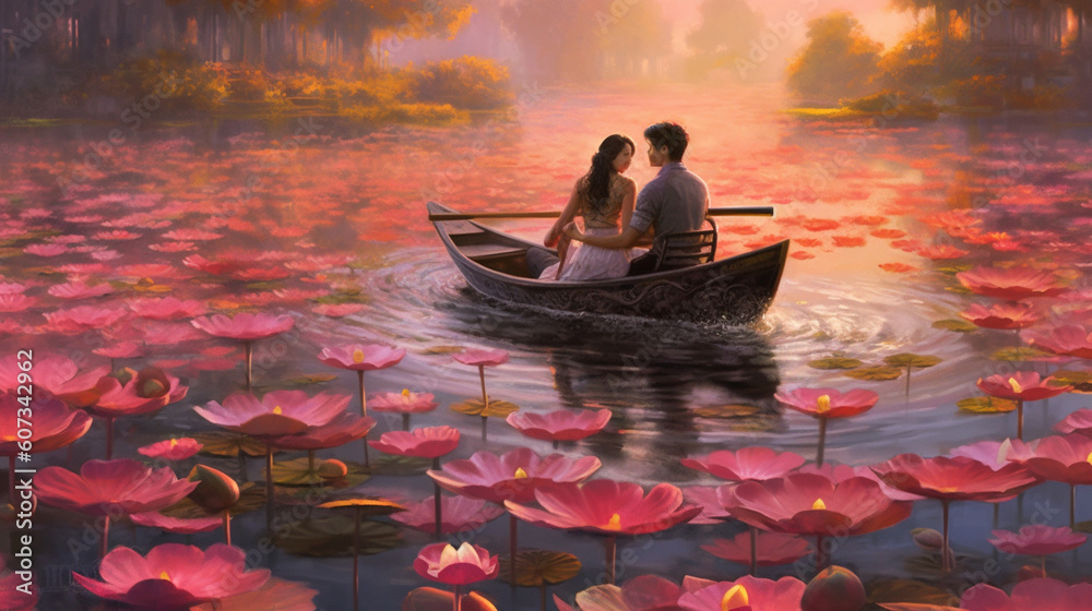 A couple sharing a tender moment while rowing a boat on a calm lake, surrounded by blooming lotus flowers Generative AI