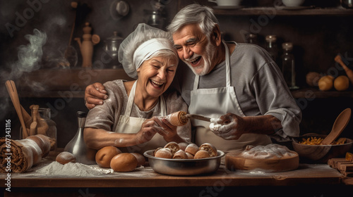 A couple savoring the simple joys of baking together  surrounded by flour  mixing bowls  and freshly baked treats Generative AI