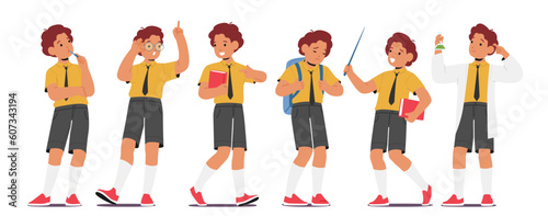 School Boy Character Different Poses and Expressions. Child Thinking, Show Thumb Up, , Carry Book, Learn Chemistry