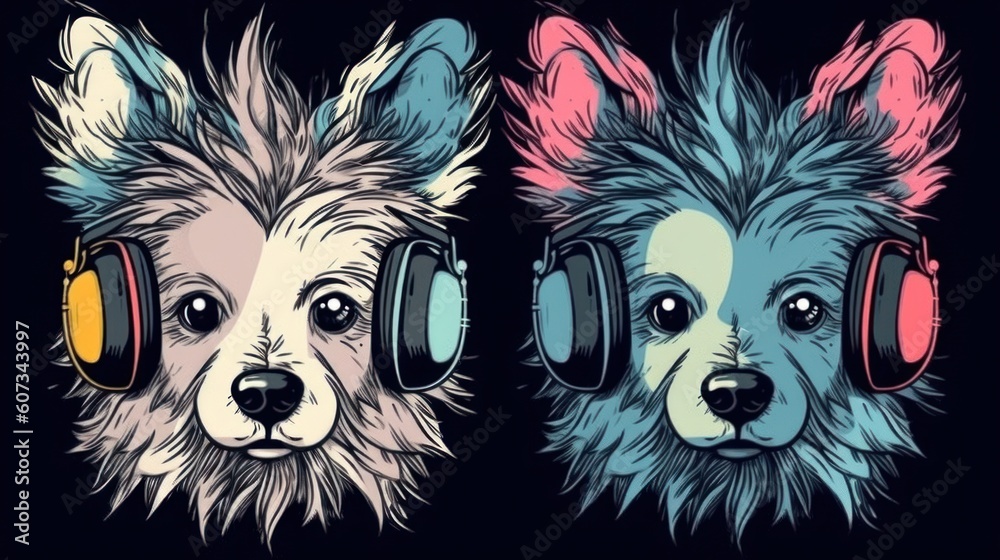 Illustration of a dog wearing headphones and enjoying music. Generative ai.