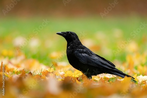 Closeup shot of a black crow perched on a field with fallen leaves