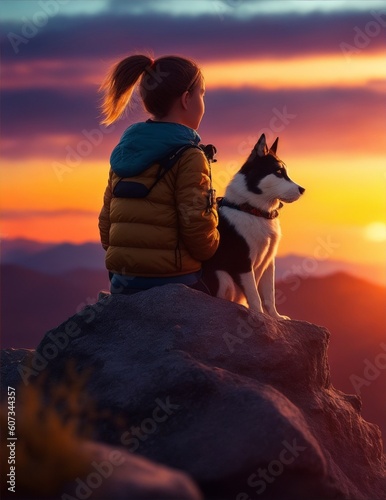 A girl watches the sunset with her dog