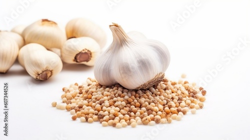 A pile of ground garlic with head of garlic Generative AI