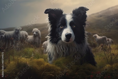 Cute border collie dog guards a flock of sheep. Generative ai images