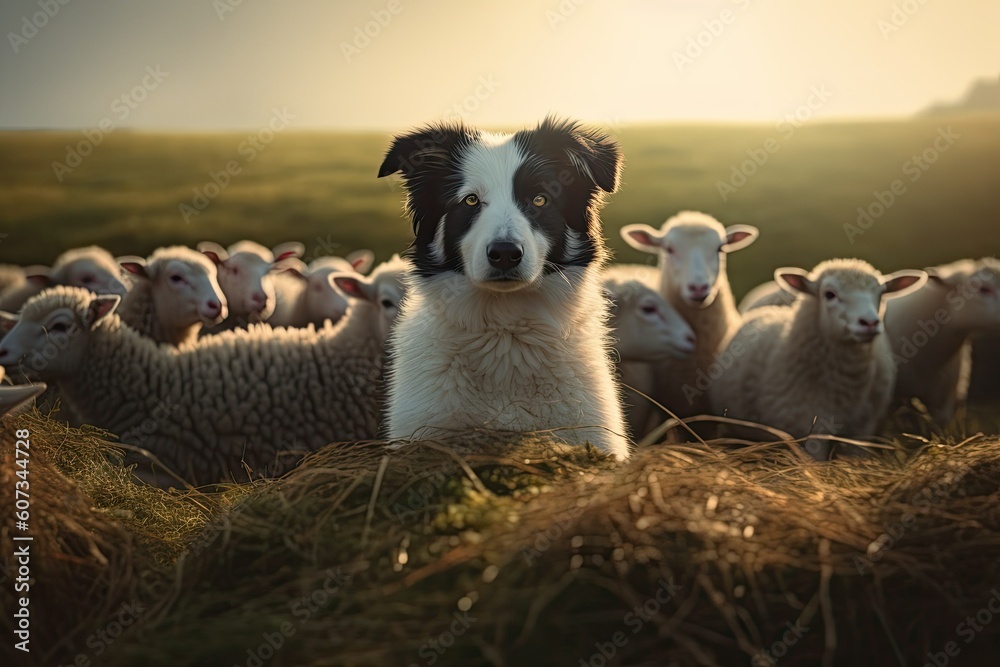 Fototapeta premium Cute border collie dog guards a flock of sheep. Generative ai images