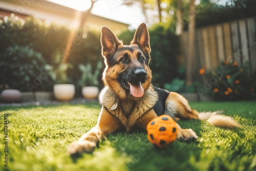 German Shepherd playing with a ball in the backyard on a sunny day.