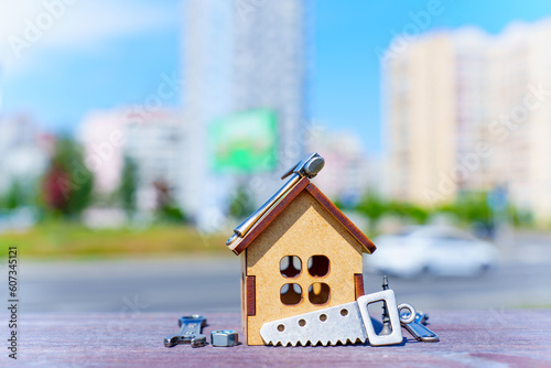 House Model and Tool Replicas with a Cityscape Backdrop © Katie Chizhevskaya