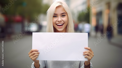 Woman smiling and holding a sign in the street