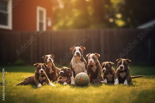 A litter of Staffordshire bull terrier puppies playing with toys and balls in a backyard of a countryside house.
