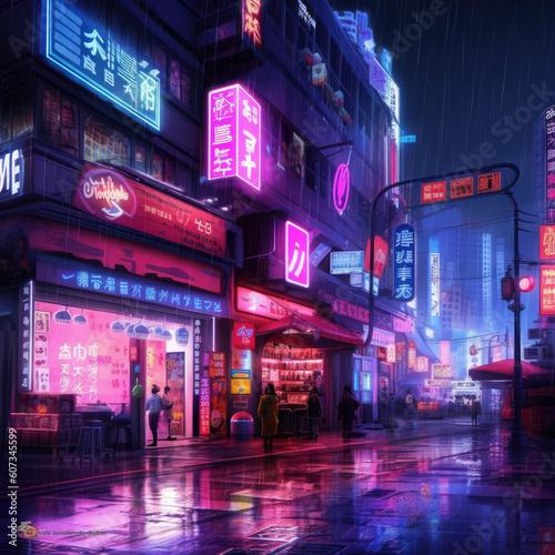 Neon punk night city scene, with rain and fog, blade runner, cyberpunk, retro japan