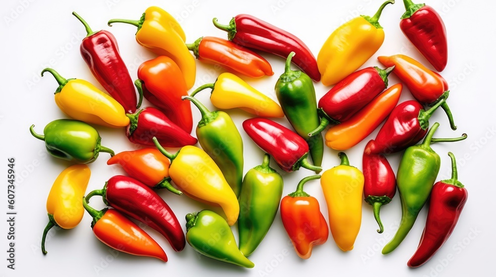 many colorful peppers with white background top view Created With Generative AI Technology many colorful peppers with white background top view Created With Generative AI Technology