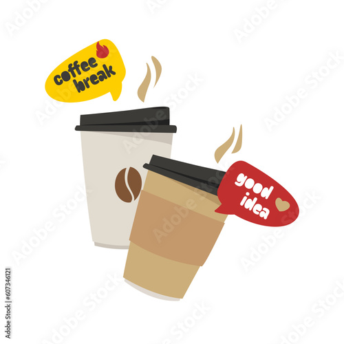 Two cups of coffee with a lid. Hot coffee. Time for a coffee break, good idea. The concept of dialogue, friends, partners for rest and relaxation.