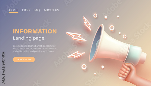 Megaphone landing page banner information, business communication. Vector