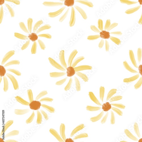 Seamless abstract floral pattern. Yellow, orange. Illustration. Hand drawn. Botanical texture. Flowers texture. Design for textile fabrics, wrapping paper, background, wallpaper, cover. © Noosya