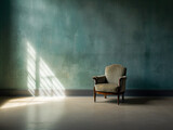 Chair in an abandoned room. Light rays and shadows on the wall. Beautiful abandoned interior. Light and shadow.