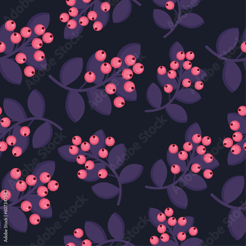 Seamless pattern of cute pink berries small rowanberry cowberry with dark purple background. Cartoon berries seamless pattern in flat design for textile. Design for package and illustration for print