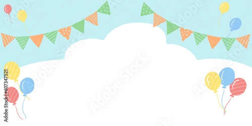 手書き風の空とガーランド、風船のイラスト