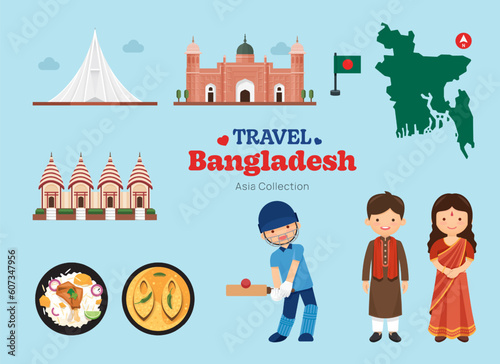 Cuadro en lienzo Travel Bangladesh flat icons set