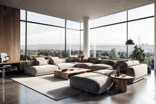 Spacious living room in luxury villa with sunlight. AI generated © Oksana Kumer