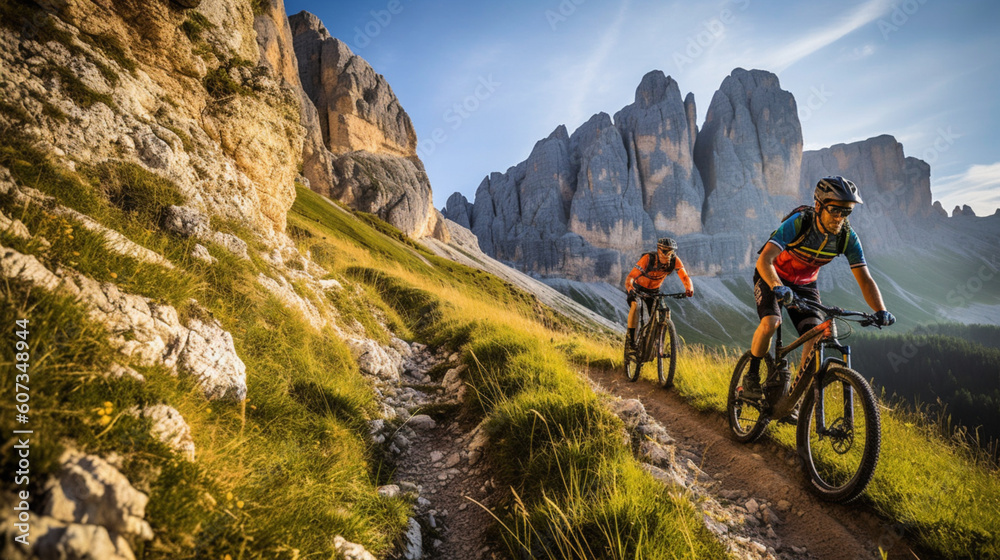 Auf zwei Rädern durch die Natur: Mountainbiken in Gröden, Südtirol - obrazy, fototapety, plakaty 