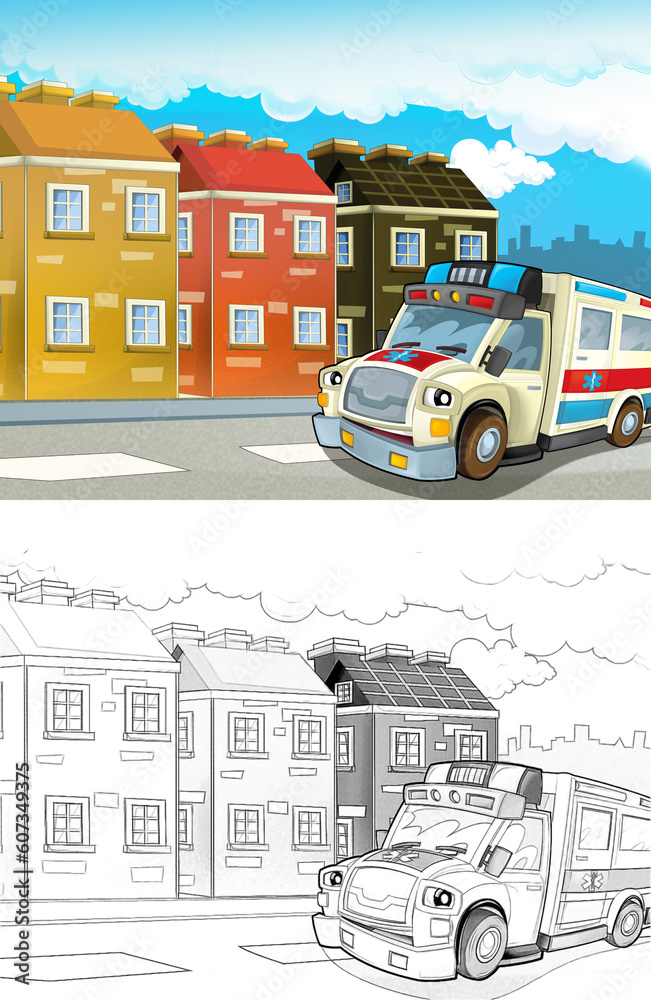 Obraz premium cartoon scene in the city with happy ambulance - illustration for children