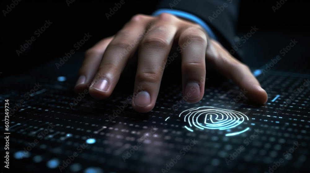 Authentifizierung der Zukunft: Geschäftsmann nutzt Fingerabdruck-Scanner-Technologie - obrazy, fototapety, plakaty 