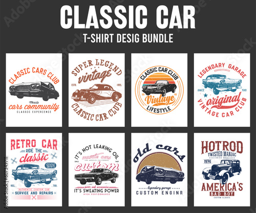 Vintage Classic Car T-shirt Design bundle. American Hotrod classic car graphic.