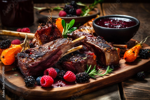 Grilled Venison Ribs with baked vegetables and berry sauce. AI generated.