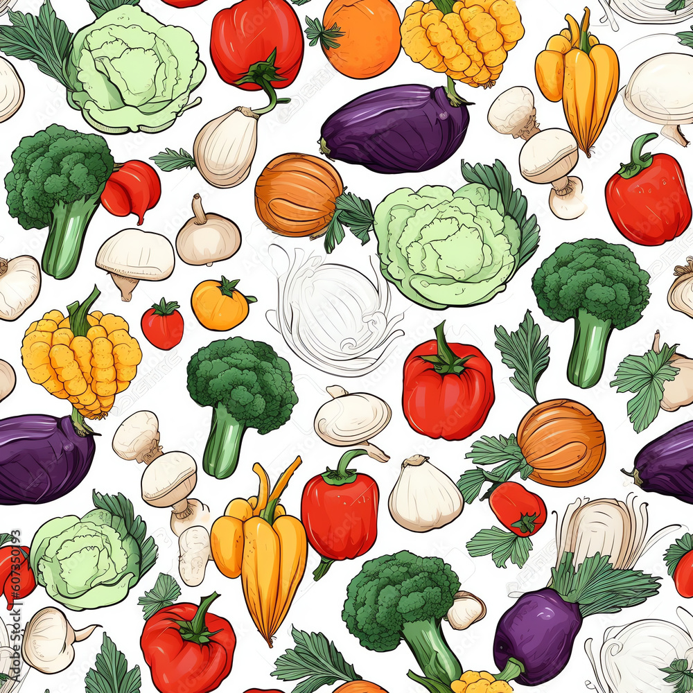 Generative AI Seamless vector pattern with hand drawn vegetables: broccoli, paprika, carrot, cucumber, garlic, potato, tomato, eggplant, beet Generative AI Seamless vector pattern with hand drawn vegetables: broccoli, paprika, carrot, cucumber, garlic, potato, tomato, eggplant, beet