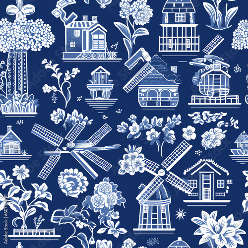 Generative AI Seamless vector delftware pattern with tulips and mills photo