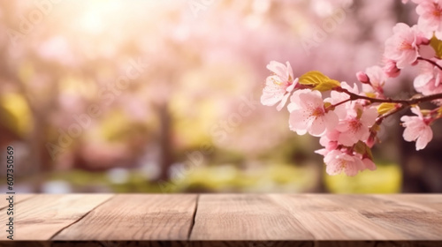 Idyllischer Garten mit Sakura-Blüten und einem Holztisch