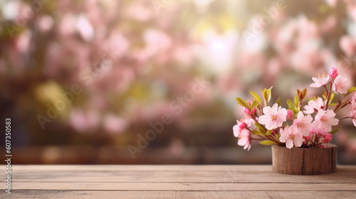 Einladender Holztisch im Blumenmeer des Sakura Parks -Banner für Werbung  © PhotoArtBC