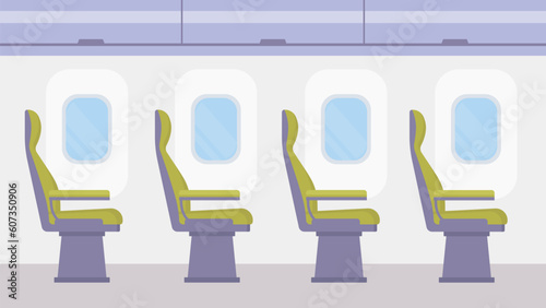 Aircraft seats beside the porthole windows illustration. Cabin plane vector interior. Passenger seats at the airplane. 