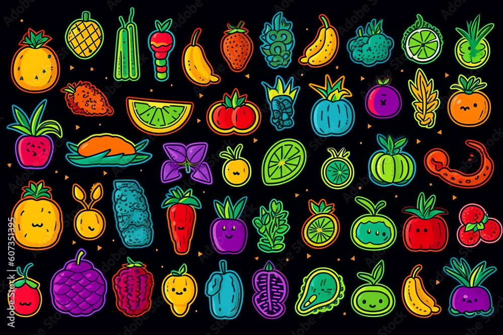 Generative AI Eat fresh cute colorful hand drawn fruit and vegetables set in doodle style. Isolated illustrations and lettering. Concept illustration for organic, bio, fresh food.