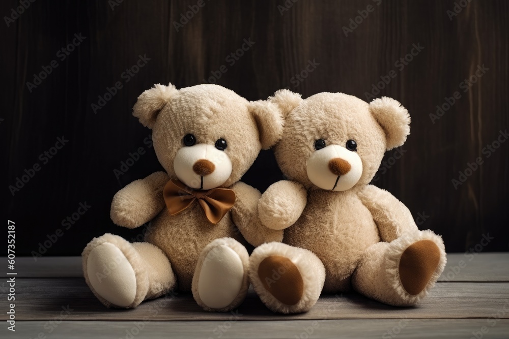 Illustration of two beautiful beige soft teddy bears sitting in an embrace. Generative AI Illustration of two beautiful beige soft teddy bears sitting in an embrace. Generative AI