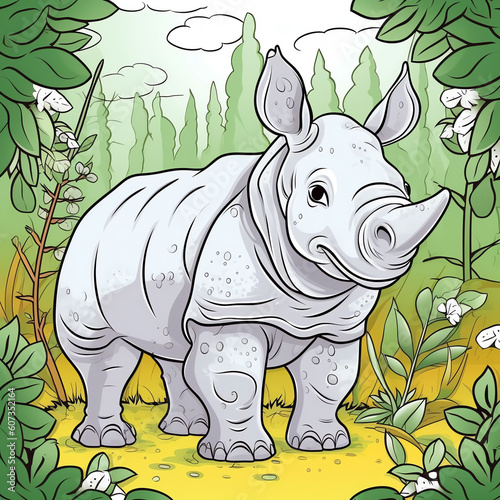 Generative AI Wild animals with landscape - cute cartoon illustration of rhinoceros