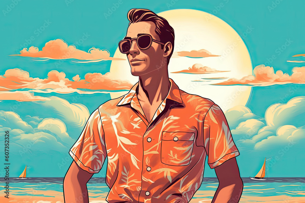 Stylish Man at the Beach Wearing Sunglasses, 1950s/1960s Style, Teal and Orange Retro Style – Generative AI