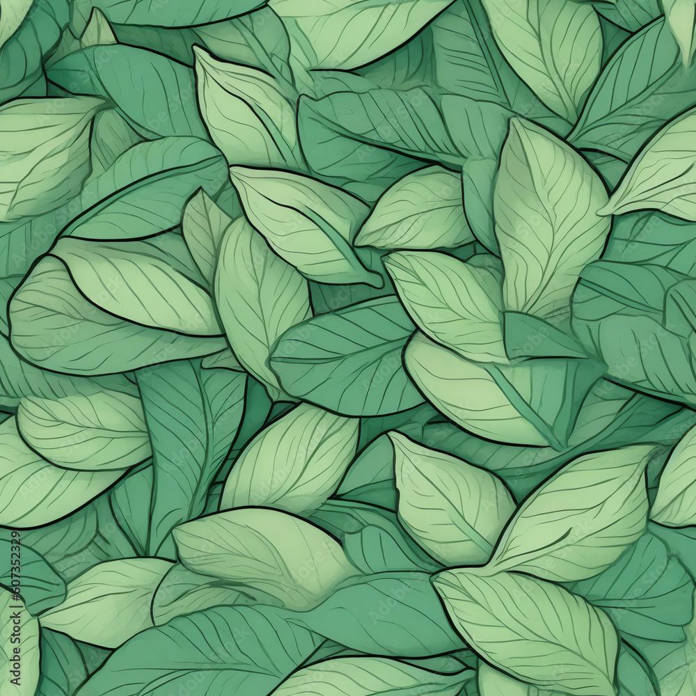 Generative AI Seamless pattern with hand drawn green leaves Generative AI Seamless pattern with hand drawn green leaves