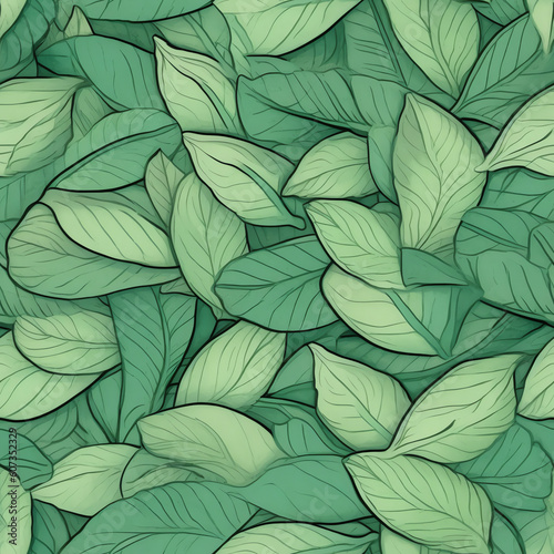 Generative AI Seamless pattern with hand drawn green leaves