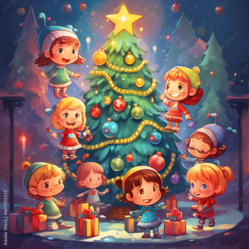 Generative AI Children decorating Christmas tree in interior with fireplace and window. Cute characters, christmas and new year vector illustration in cartoon style Generative AI Children decorating Christmas tree in interior with fireplace and window. Cute characters, christmas and new year vector illustration in cartoon style