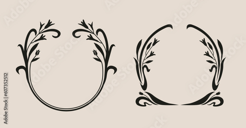 Art nouveau style flower frame. Flower and leaf border, branch, wreath, garland decoration. Botanical vector illustration. Vintage antique classic floral graphic element.