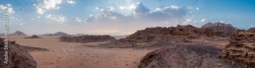 Panorama at sunset in the Wadi Rum desert,