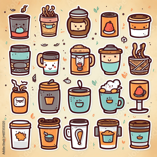 Generative AI Coffee collection, different coffee elements with lettering. Cute cartoon icons in hand drawn style. Vector illustration