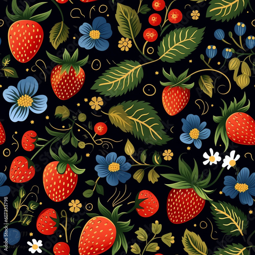 Generative AI Strawberry pattern. Cute colorful strawberries with flowers and leaves in doodle style, vector illustration